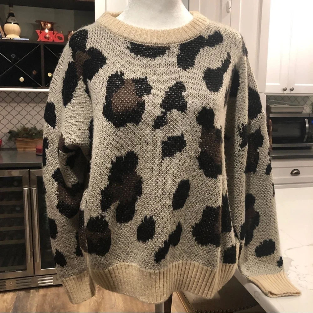 Cotton Emporium Animal Print Crewneck Sweater Acrylic Wool Mohair Grandpa Size L